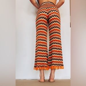 NWOT Revolve Crochet Pants Women Small Brown Orange Knit Beaded Hem Flare Leg